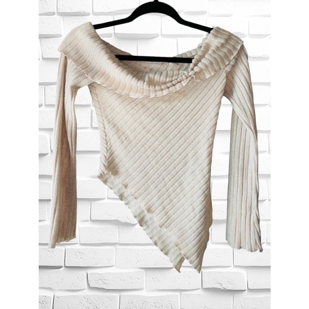 Shein Womens Size 2 Cream Colored Long Sleeved Off Shoulder Asymmetrical Hem Top